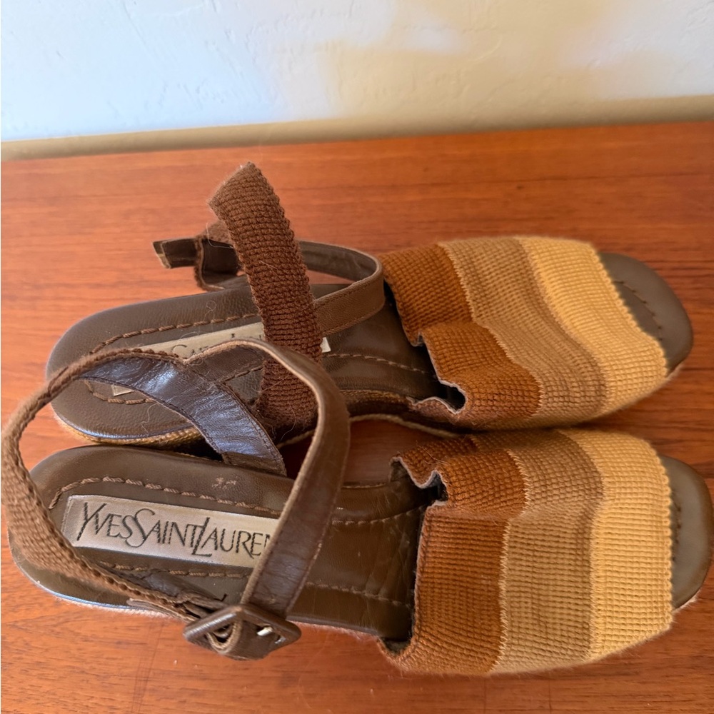 Yves Saint Laurent Brown and Tan Striped Knit Espadrille Sandals - Picture 3 of 5
